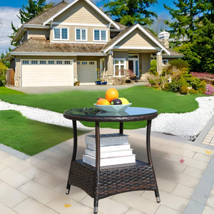 English Elm Outdoor Patio 1 Round Coffee Table with 0.2″ Tempered Glass Brown PE Rattan Steel Frame UV Resistant W209P237532