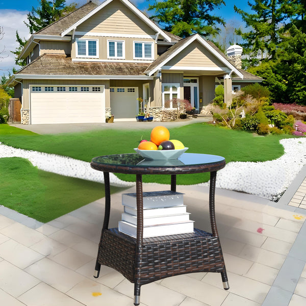 English Elm Outdoor Patio 1 Round Coffee Table with 0.2″ Tempered Glass Brown PE Rattan Steel Frame UV Resistant W209P237532