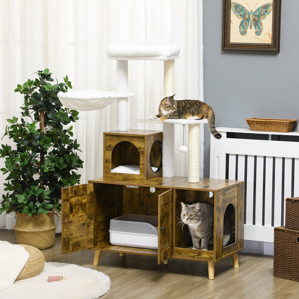 English Elm PawHut Space Capsule Covered Cat Litter Box with Removable Tray, Front Door Access & Odor Control Rustic Brown W2225P229568