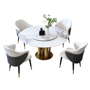 English Elm 59" Round Sintered Stone Dining Table Built-in Lazy Susan Seats Four Modern W2699S00094