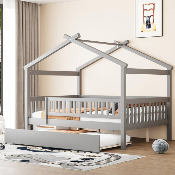 English Elm Full Size Pine House Bed with Roofline Frame and Roll Out Twin Trundle for Kids Gray LP100306AAE