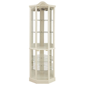 English Elm Lighted Corner Curio Cabinet With Adjustable Shelves, Elegant Carved Design & Integrated Lighting - White W1758P300128