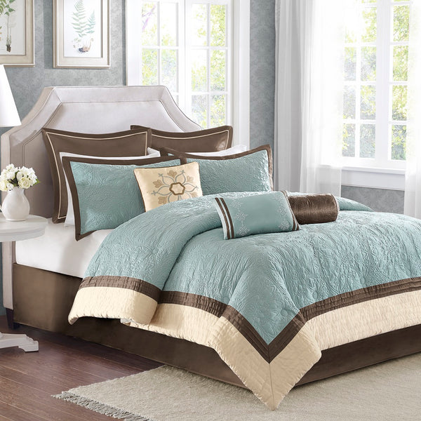JLA Home Madison Park - 9 Juliana Charmeuse Comforter Set — Quilted Luxury in Chocolate, Light Blue & Ivory with Embroidered Pillows 96 L x 110 W x 1.5H MP10-459