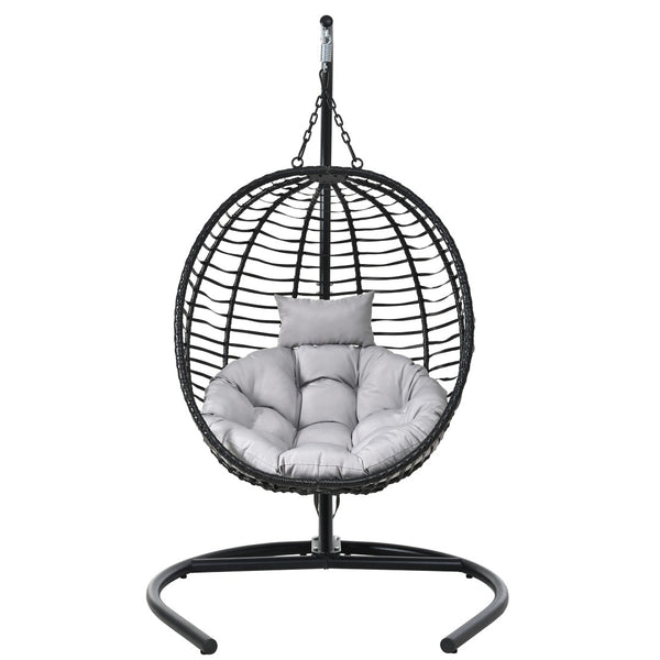 English Elm U_style Wicker Hanging Egg Chair with Stand Hdpe Cocoon Swing for Balcony Garden Black+ Gray N711P389503E