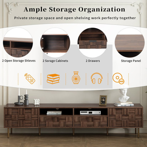 English Elm Mid retro TV Stand for TVs up to 85" — Medieval-inspired media console with 2 drawers, 4 cabinets, cable management Dark Brown N710P193724Q