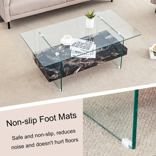 English Elm Rectangular Two Tier Glass Coffee Table with Marble Shelf for Modern Living Rooms W2920P226071