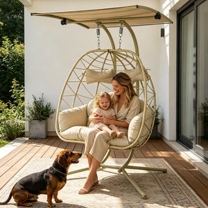 English Elm 2-person Wicker Egg Hanging Chair with Canopy Steel Stand Outdoor Patio Swing T5880P502248