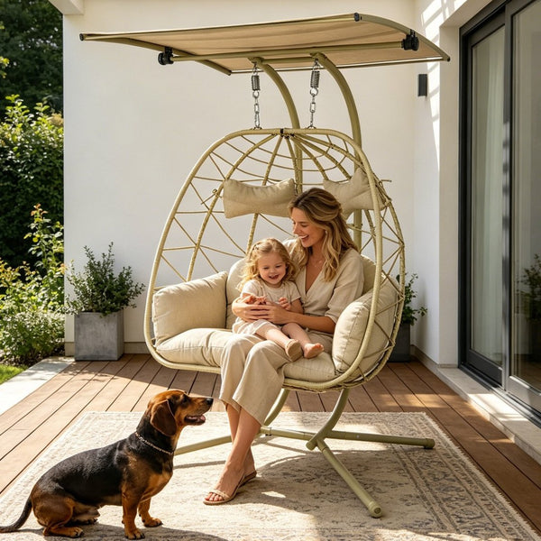 English Elm 2-person Wicker Egg Hanging Chair with Canopy Steel Stand Outdoor Patio Swing T5880P502248