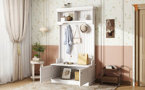 English Elm Hall Tree Entryway Organizer with Shoe Bench and 4-in-1 Coat Rack Hooks, Elegant Storage for Hallways White W1580P327001