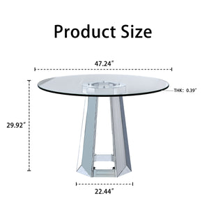 English Elm Modern Round Tempered Glass Dining Table with Mirrored Geometric Base, Seats 4, Easy Assembly, Silver W3836S00001