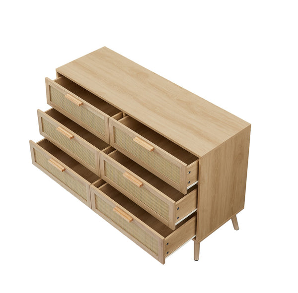 English Elm Bedroom Dresser: Versatile 6-Drawer Rattan Chest For Kids' Rooms & Hallways - Natural Wood Finish! W1162P190401