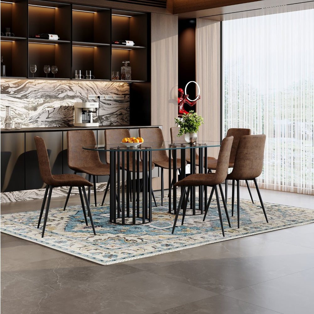 English Elm Table Set Oval Tempered Glass Top with Six Brown Fabric Chairs for Modern Dining W1151S04752