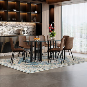 English Elm Table Set Oval Tempered Glass Top with Six Brown Fabric Chairs for Modern Dining W1151S04752