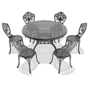English Elm 7-Piece All-Weather Cast Aluminum Dining Set With Black Frame For Stylish Outdoor Gatherings W1710S00230
