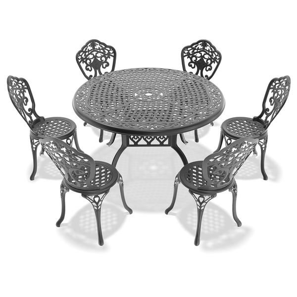 English Elm 7-Piece All-Weather Cast Aluminum Dining Set With Black Frame For Stylish Outdoor Gatherings W1710S00230
