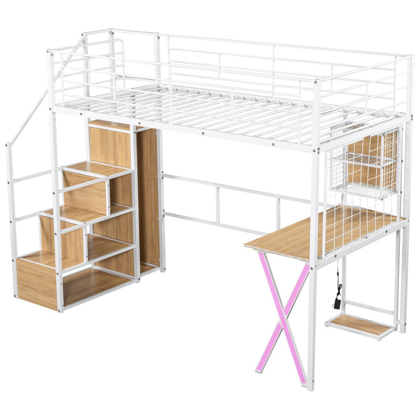 English Elm Twin Metal Loft Bed with Desk, Wardrobe & LED Lighting — Space-Saving Twin Loft with Storage Staircase GX000662AAK