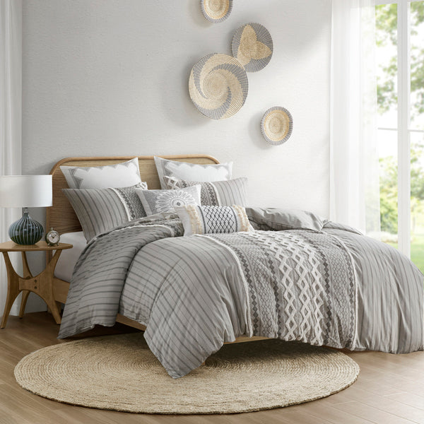 English Elm Full/Queen Imani Cotton Duvet Cover Set with Chenille Tufting, Geometric Print, OEKO-TEX Certified B03596475