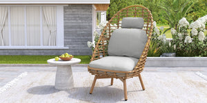 English Elm Christopher Knight Home® - Ellis Outdoor Wicker High-Back Swivel Lounge Chair with Teak Legs, 360° Pivot, Weatherproof Rattan & Cushions N775P271983B