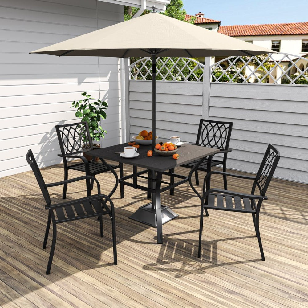 English Elm 5‑piece Outdoor Steel Dining Set Wood-grain Table Slat Chairs Rustproof Patio W3979S00047