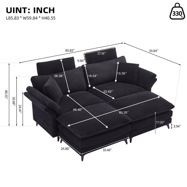 English Elm Deep Seat Sectional Sofa - Plush Black Corduroy Couch With Ottomans For Modern Living Spaces W2120S00001-GIGA