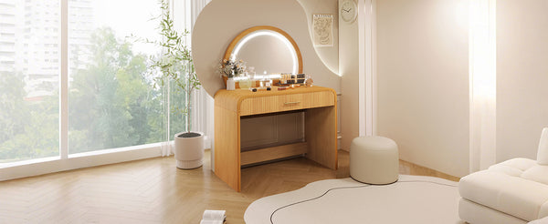 English Elm 39" Makeup Vanity Table with Touchscreen LED Mirror, Sleek Dressing Table with Drawer and Glass Top - Durable Rubberwood, Fast Assembly Natural N704P196658N
