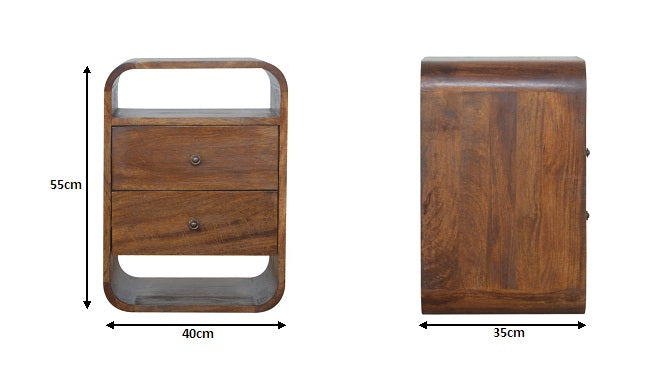 English Elm Solid Solid Wood Chestnut Curve 2-Drawer Nightstand with 2 Open Slots, Rounded Edges, Mango Wood Finish B182P233814