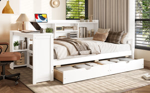 English Elm Twin Corner Daybed Pine Frame Built in Desk Bookcase Drawers Charging Kids Room White W697S00041