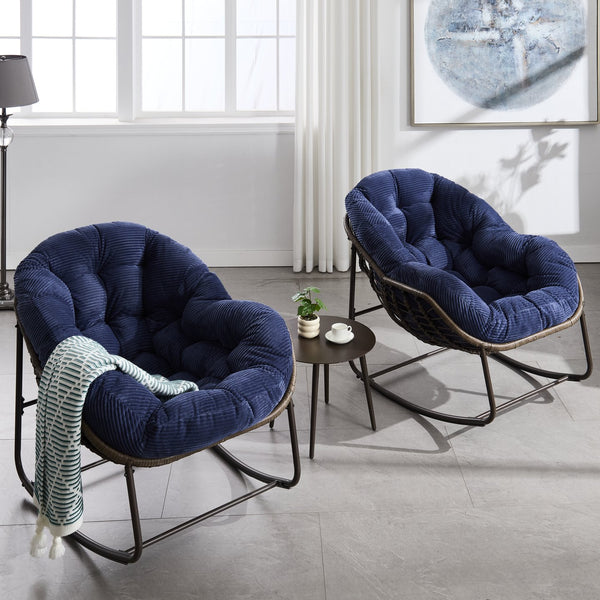 English Elm Outdoor Rattan Rocking Chair Oversized Hand-Woven Patio Egg Recliner with Plush Cushion Comfortably Rocking Navy Blue W640P271520
