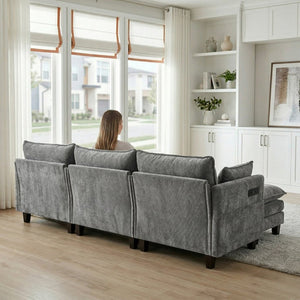 English Elm Modern Chenille Three Seat Sofa with Ottoman Usb Charging Ports and Storage Pockets Dark Grey W2519S00003