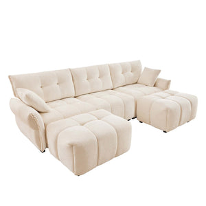 English Elm 3 Seater Chenille Sofa with Ottoman Tufted Arms Solid Wood Frame Lounge Couch White W714S01654