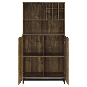 English Elm Harlie Rustic Oak Herringbone Wine Cabinet with Black Metal Accents, Glassware Storage, 62.5"H B062P351439