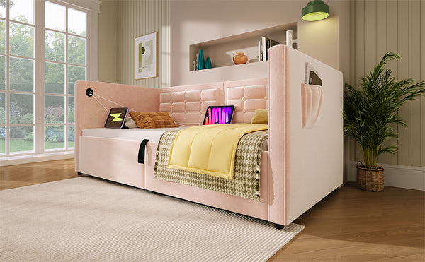 English Elm Upholstered Twin Daybed with Hydraulic Storage, Velvet Tufted Sofa Back, USB & Type-C Charging Port Pink N736P303402P