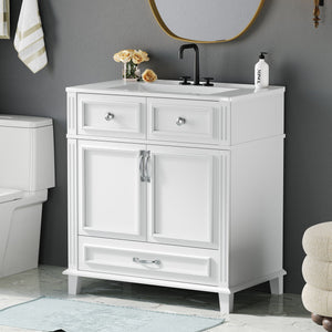 English Elm 30'' Bathroom Vanity with Sink - Retro Solid Wood Frame, Ceramic Basin, Soft-Close Doors & Ample Storage White N710P190656K