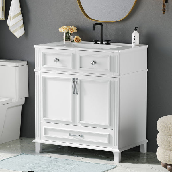 English Elm 30'' Bathroom Vanity with Sink - Retro Solid Wood Frame, Ceramic Basin, Soft-Close Doors & Ample Storage White N710P190656K