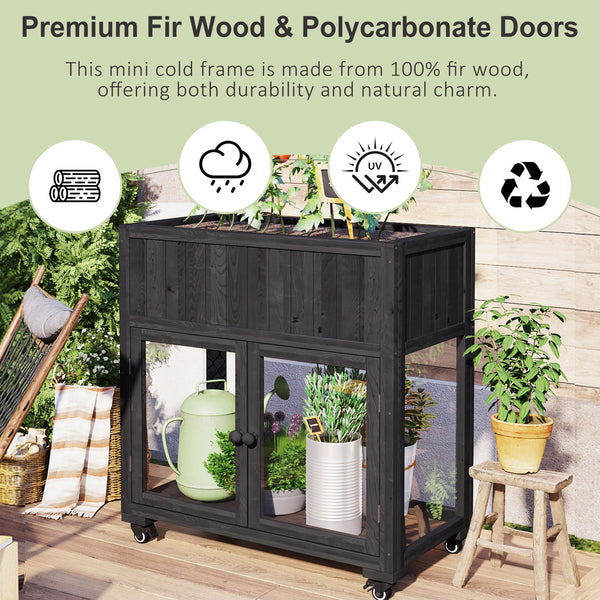 English Elm TOPMAX Mini Cold Frame Greenhouse with Fir Wood, Polycarbonate Doors, Raised Bed & Removable Wheels Black N717P229026B