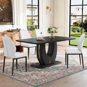 English Elm One 5 Piece Dining Set 63 Inch Table Dark Wood Grain Top with Brown Fabric Chairs Black,White W1151S04435