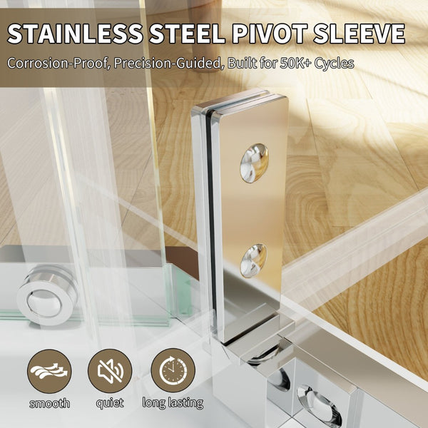 English Elm Corner Frameless Neo-angle Pivot Shower Enclosure with Tempered Glass and Sleek Hardware Chrome W637P348803
