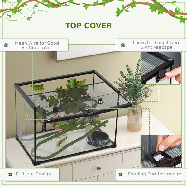 English Elm PawHut Glass Reptile Terrarium 14 Gal w/ Sliding Mesh Top, Leakproof Raised Base & Decor Kit W2225P200848