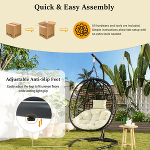 English Elm U_style Wicker Hanging Egg Chair with Stand Hdpe Cocoon Swing for Balcony Garden Black+Beige N711P389503A