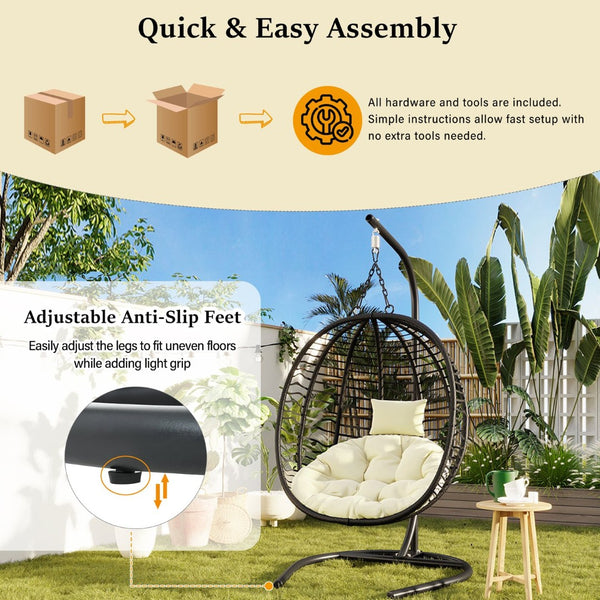 English Elm U_style Wicker Hanging Egg Chair with Stand Hdpe Cocoon Swing for Balcony Garden Black+Beige N711P389503A
