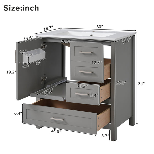 English Elm 30" Gray Bathroom Vanity with Ceramic Sink, Solid Wood Frame, Soft-Close Door & 3 Drawers for Organized Style N729P177787E