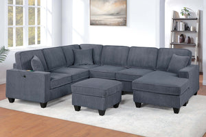 English Elm Dark Corduroy U-shaped Sectional Set with Usb Charging Ottoman and Plush Cushions Dark Gray B011S02191