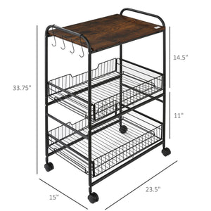 English Elm HOMCOM Rustic Brown 3-Tier Rolling Kitchen Cart with 2 Pull-Out Baskets, Side Hooks & Brake Wheels W2225P217410