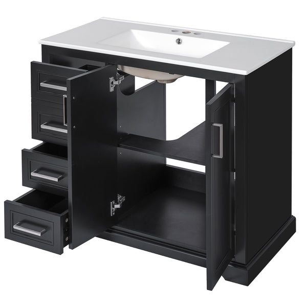 English Elm 36" Modern Bathroom Vanity with Ceramic Sink, Soft-Close Doors, 3 Drawers & Ample Storage for Small Baths Black N729P280194B