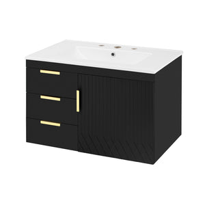 English Elm 30" Wall Mounted Bathroom Vanity with Ceramic Basin Sink, Floating Storage, Soft-Close Doors, Modern Elegance Black N710P324096B