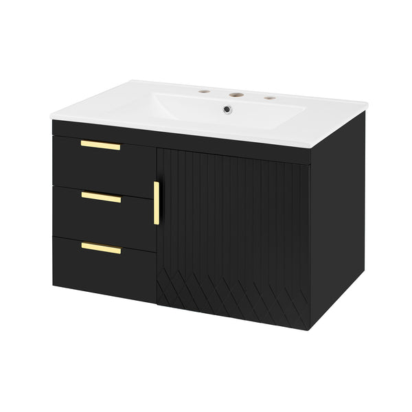 English Elm 30" Wall Mounted Bathroom Vanity with Ceramic Basin Sink, Floating Storage, Soft-Close Doors, Modern Elegance Black N710P324096B