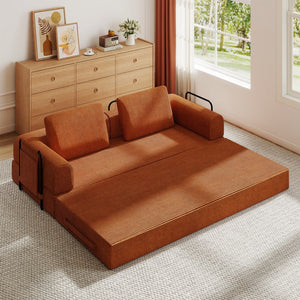 English Elm Convertible Sleeper Sofa Bed Corduroy Folding Mattress Couch with Cylindrical Pillow, Space-Saving Comfort for Living Room and Studio Orange W3366P364239