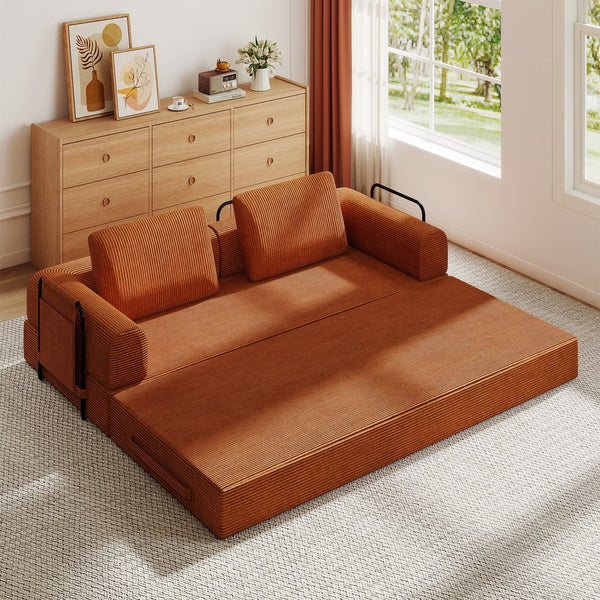 English Elm Convertible Sleeper Sofa Bed Corduroy Folding Mattress Couch with Cylindrical Pillow, Space-Saving Comfort for Living Room and Studio Orange W3366P364239