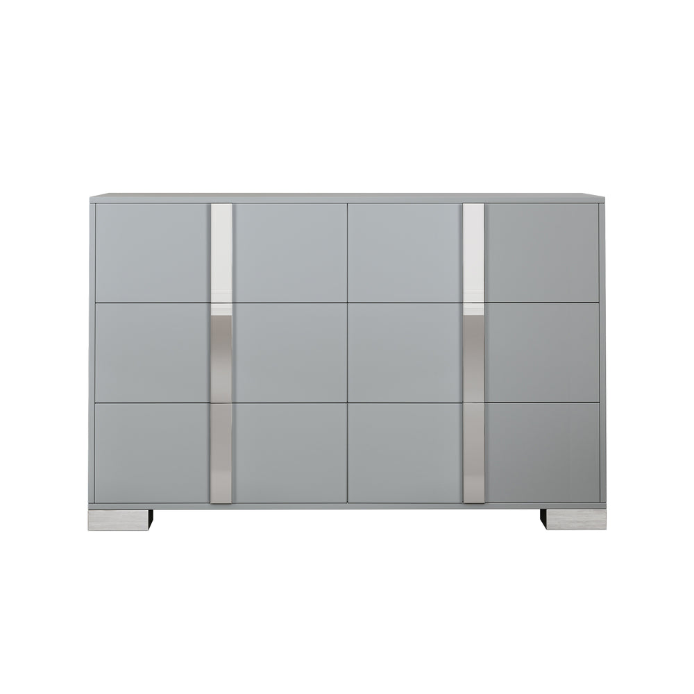 English Elm Elegant Mirrored Dresser with Metal Feet and 6 Spacious Drawers for Organized, Modern Living Spaces Gray 54.25 L x 20.75 W x 8.5 H N733P307943G