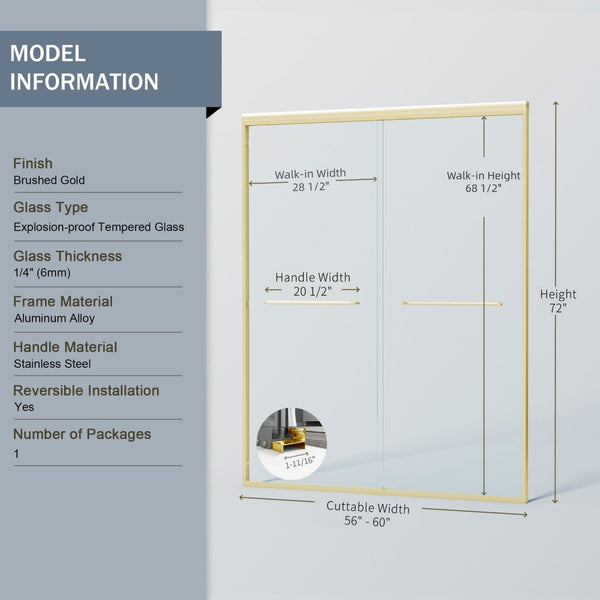 English Elm 56" Semi-frameless Bypass Shower Door Brushed Gold Tempered Glass Walk-in Enclosure W1573P326965
